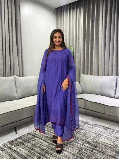 [2629] Royal Blue Hand-Beaded Pintuck Banarasi Mull Chanderi Set
