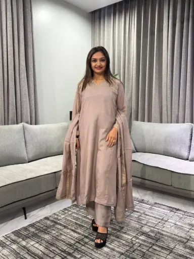 [2631] Dusty Taupe Zari Yoke Banarasi Mull Chanderi Kurta Set