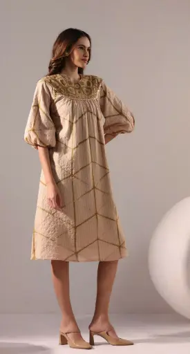 [2640] Premium Knitted Cotton Geometric Yoke Dress