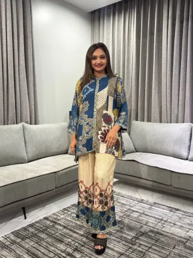 [2652] Mediterranean Blue Floral Muslin Co-ord Set