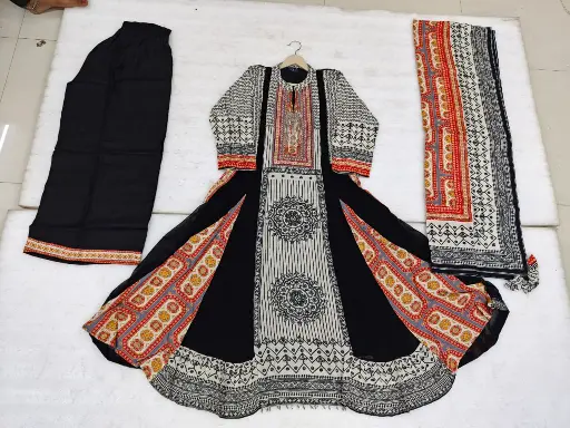 [2654] Black Mandala Print Premium Crepe 3-Piece Set