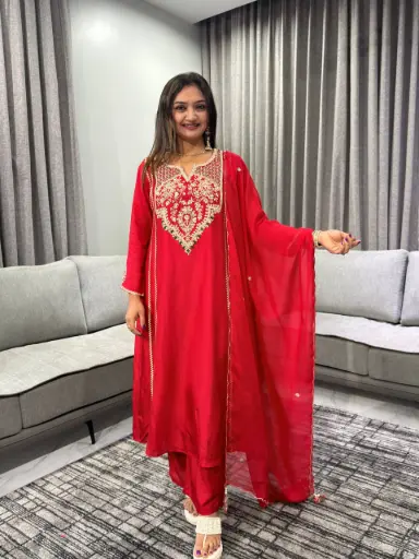 [2659] Ruby Red Goldwork Festive Kurta Set