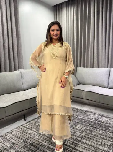 [2662] Golden Glow Glass Tissue Kaftan Set