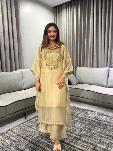 [2663] Golden Aura Glass Tissue Kaftan Set