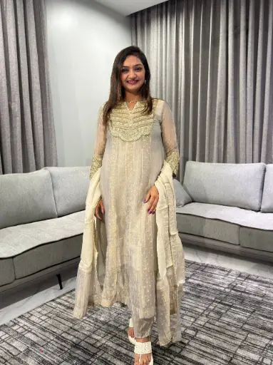 [2665] Champagne Gold Festive Tissue Kurta Set