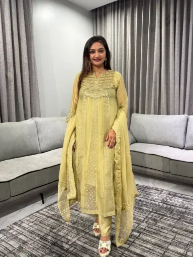 [2666] Olive Gold Festive Tissue Kurta Set