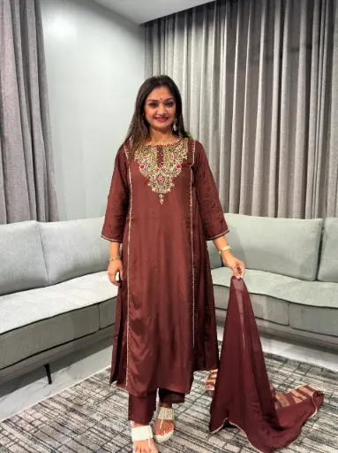[2670] Chocolate Brown Golden Embroidered Festive Tissue 3-Piece Kurta Set