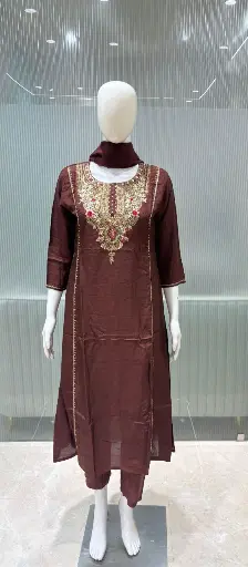 [2670] Chocolate Brown Golden Embroidered Festive Tissue 3-Piece Kurta Set