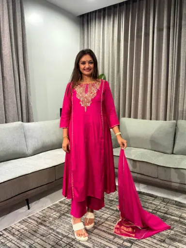 [2671] Gulnaar Magenta Festive Tissue Kurta Set