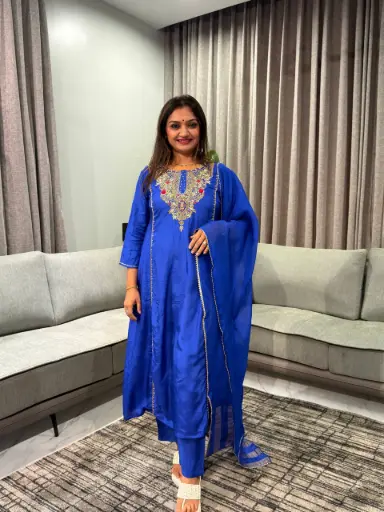 [2672] Royal Sapphire Embroidered Tissue Kurta Set