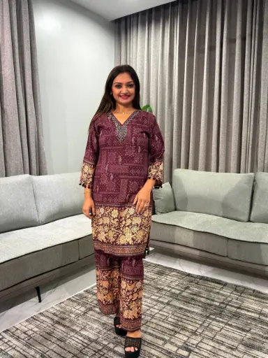 [2676] Deep Plum Floral Discharge Rayon Co-ord Set