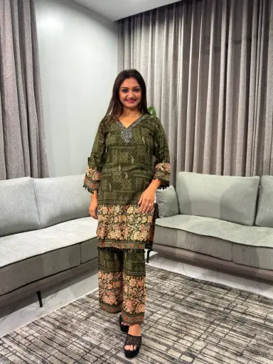 [2677] Olive Green Floral Discharge Rayon Co-ord Set