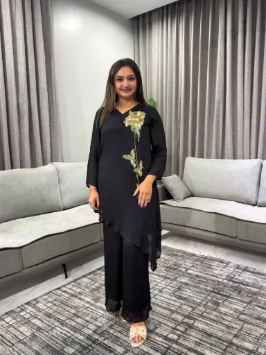 [2678] Jet Black Floral Embroidery Premium Chinon Co-ord Set