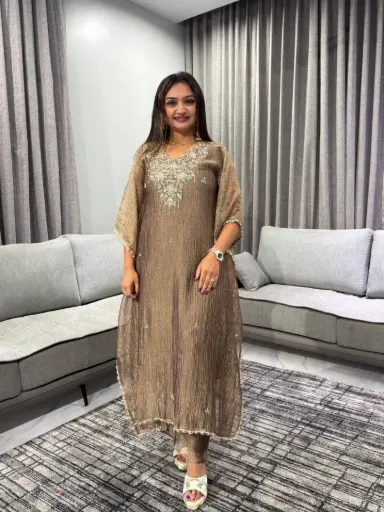 [2679] Antique Bronze Embellished Glass Tissue Kaftan Set