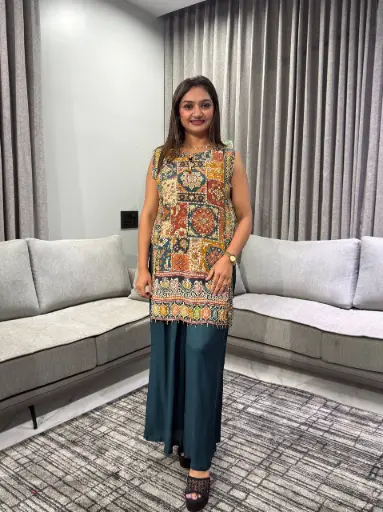 [2680] Multicolor Kalamkari Print Sleeveless Crepe Co-ord Set