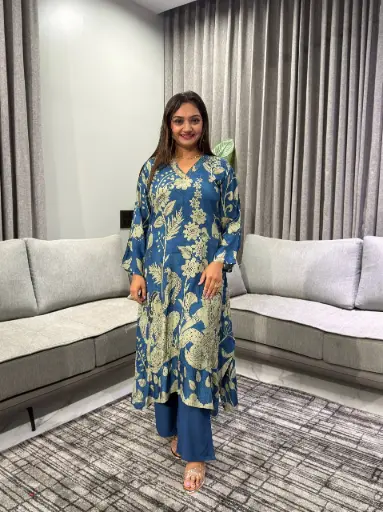 [2681] Royal Blue Kalamkari Figurine Print Asymmetric Crepe Co-ord Set