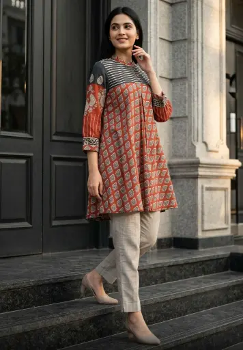 [2683] Terracotta Rust Ajrakh Print Pure Muslin Tunic