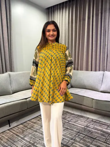 [2684] Mustard Yellow Leaf Print Pure Muslin Tunic