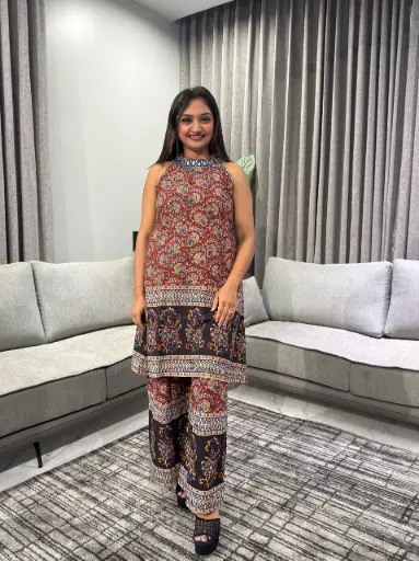 [2687] Rust Red Kalamkari Print Halter Neck Flex Cotton Co-ord Set