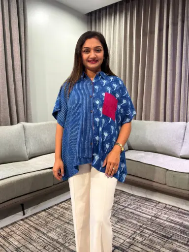 [2688] Indigo Blue Hand Block Indigo Stripe & Floral Kaftan Shirt Top