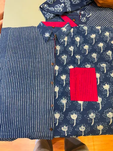 [2688] Indigo Blue Hand Block Indigo Stripe & Floral Kaftan Shirt Top