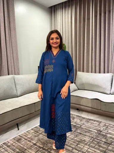 [2691] Teal Blue Geometric Chevron Flex Cotton Kurta Set