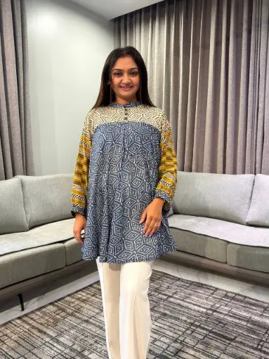[2692] Slate Blue & Cream Geometric Ajrakh Print Pure Muslin Tunic