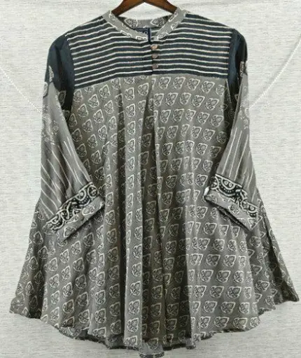 [2694] Charcoal Grey Leaf Print Pure Muslin Tunic