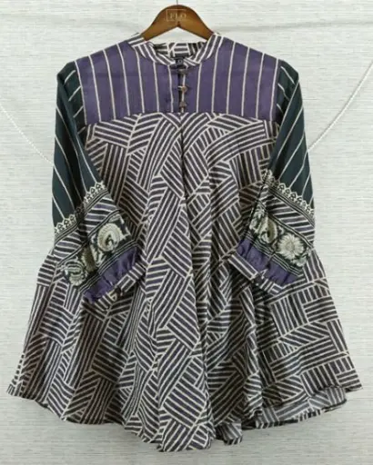 [2695] Midnight Purple & Cream Abstract Geometric Pure Muslin Tunic