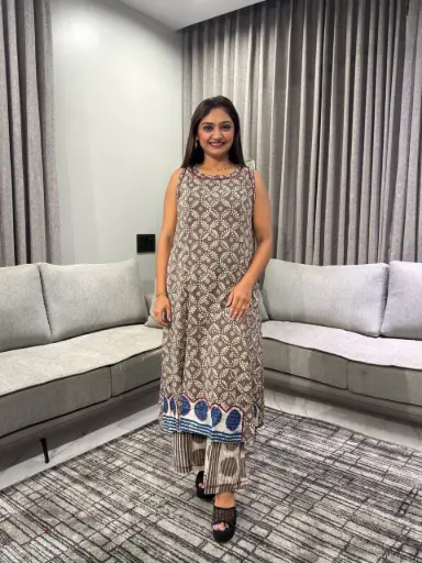 [2705] Premium Grey Floral Pure Cotton Kurta Set