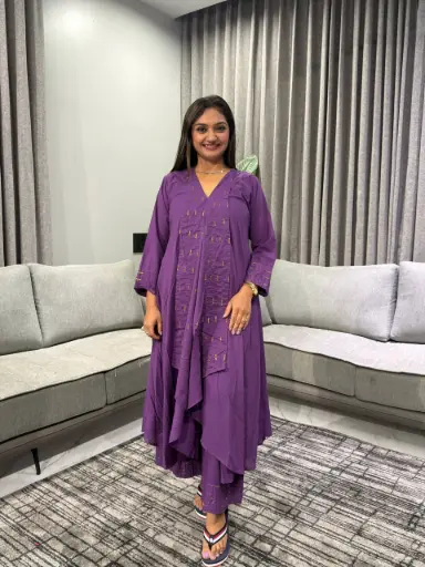 [2707] Royal Plum Layered Cotton Kurta Set