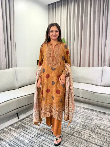 [2709] Mustard Ethnic Print Viscous Muslin 3-Piece Set