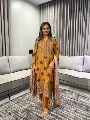 [2709] Mustard Ethnic Print Viscous Muslin 3-Piece Set