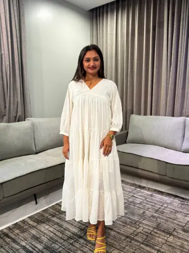 [2713] Off-White Dobby Cotton Tiered V-Neck Midi Dress