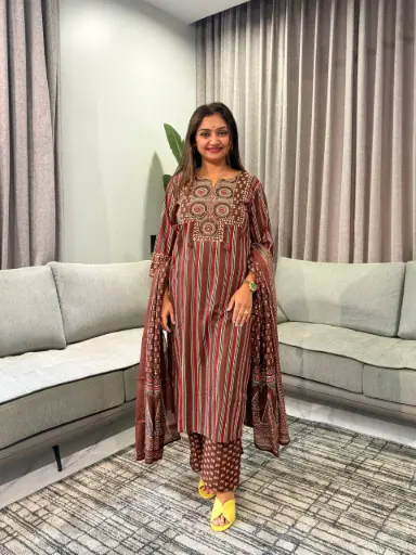 [2720] Maroon Heritage Stripe Pure Cotton 3-Piece Set