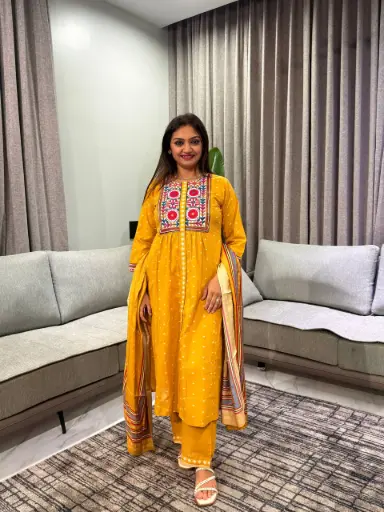 [2725] Mustard Handloom Heritage Pure Cotton 3-Piece Set