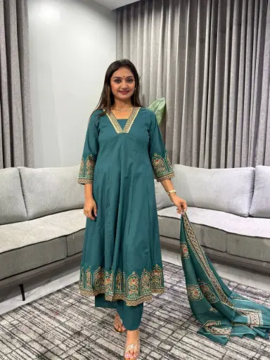 [2726] Teal Floral Heritage Pure Cotton 3-Piece Kurta Set