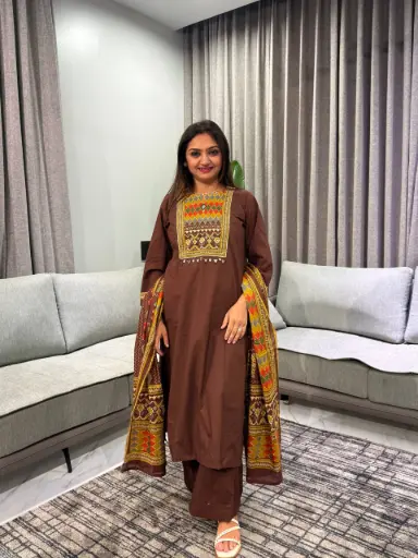 [2729] Chocolate Brown Geometric Printed Yoke Pure Cotton Kurta Set