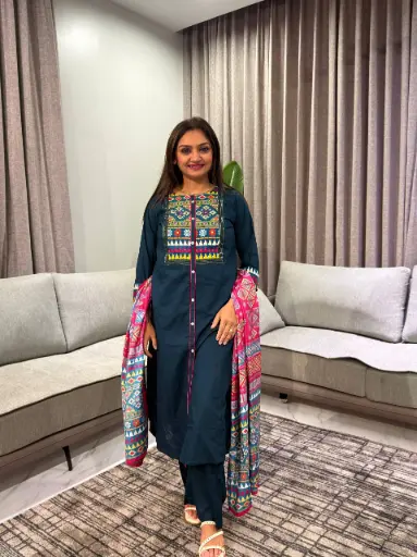 [2731] Teal Green Embroidered Yoke Kurta Set with Pink Gazzi Silk Dupatta