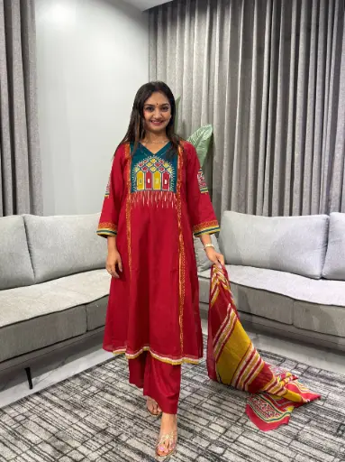 [2733] Crimson Red Embroidered Arch Yoke Pure Cotton Kurta Set