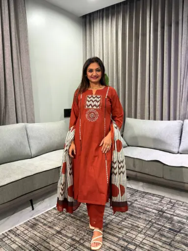 [2735] Rust Orange Embroidered Yoke Pure Cotton Kurta Set