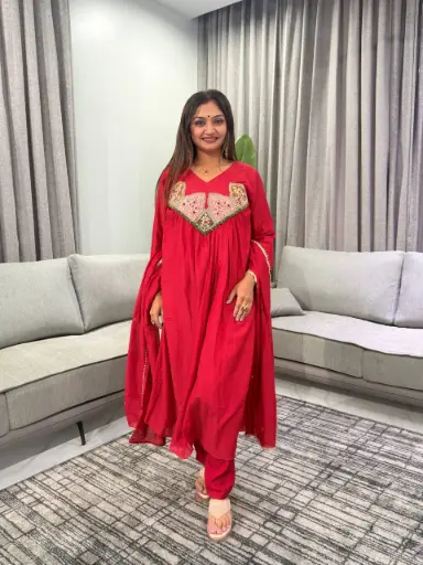 [2745] Cherry Red Hand-Worked Patch Yoke Banarasi Mull Chanderi Anarkali Set