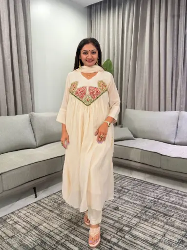 [2747] Off-White Hand-Worked Patch Yoke Banarasi Mull Chanderi Anarkali Set