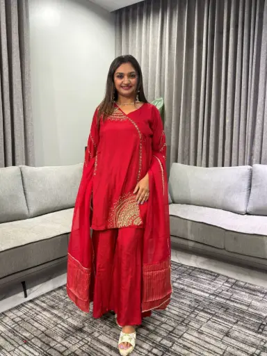 [2748] Ruby Red Hand-Worked Angrakha Premium Dola Silk Set