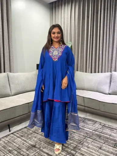 [2751] Royal Blue Dola Silk Handwork Sharara Set