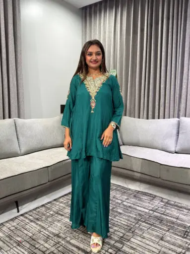 [2753] Peacock Teal Dola Silk Handwork Sharara Set