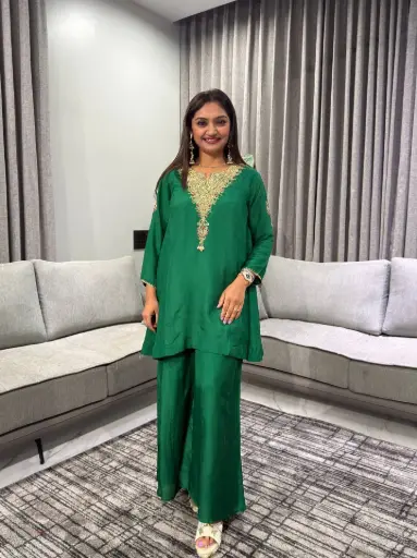 [2754] Emerald Green Hand-Worked Short Kurta Sharara Set