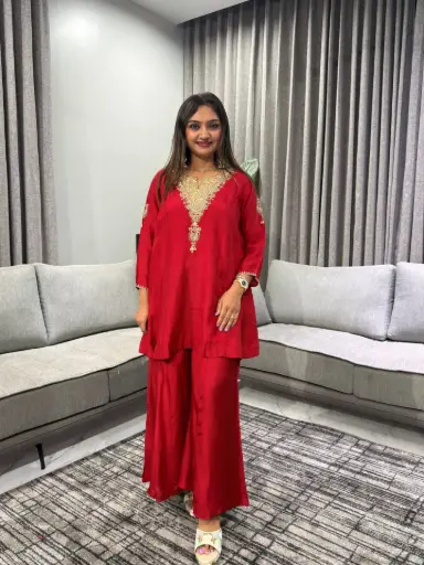 [2755] Ruby Red Hand-Worked Short Kurta Sharara Set