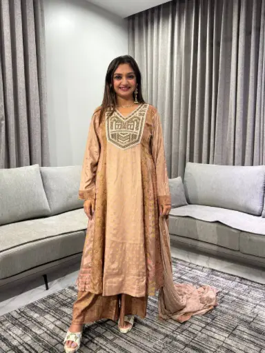 [2757] Dusted Mocha Hand-Worked V-Neck Dola Silk Kurta Set