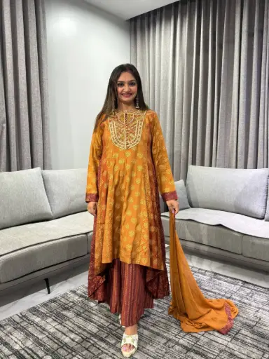 [2758] Mustard Rust Hand-Worked Round Neck Dola Silk Kurta Set